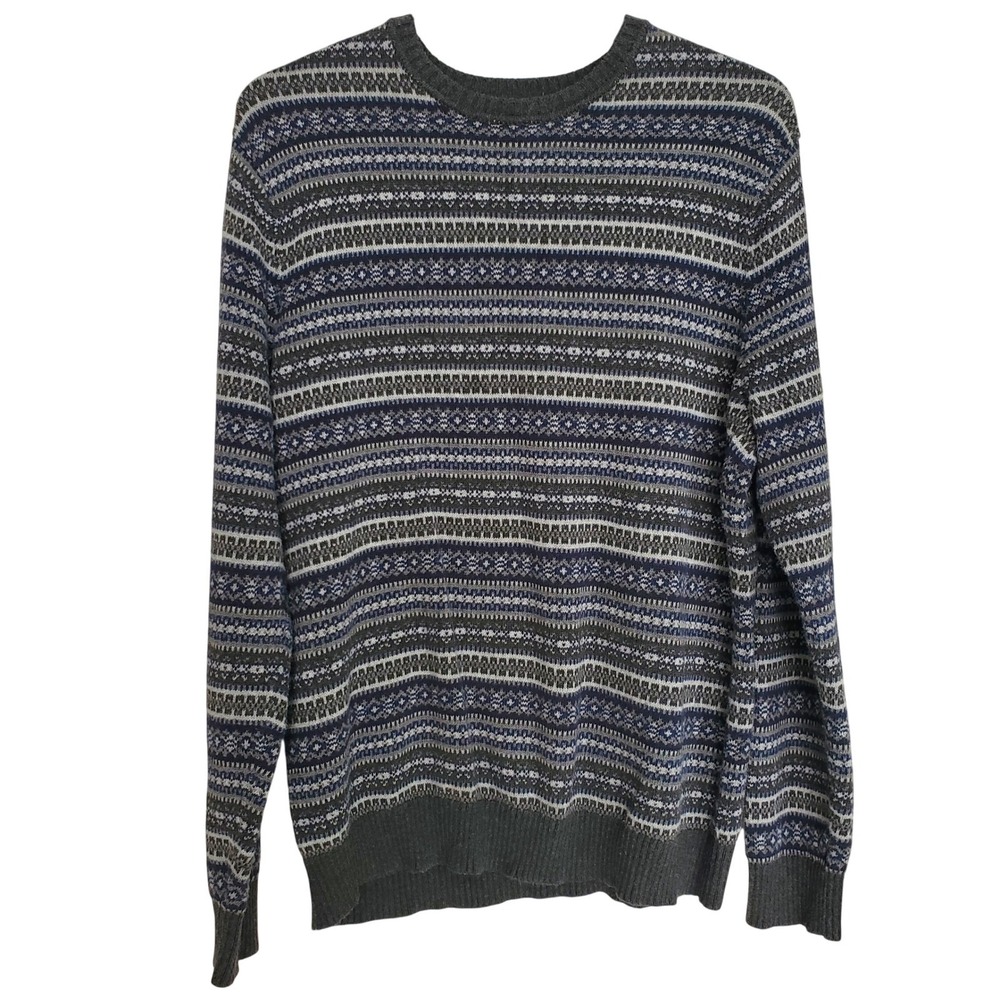 G.H.Bass Fair Isle Wool Cotton Blend Sweater Gray‎ Blue Pullover Mens XXL